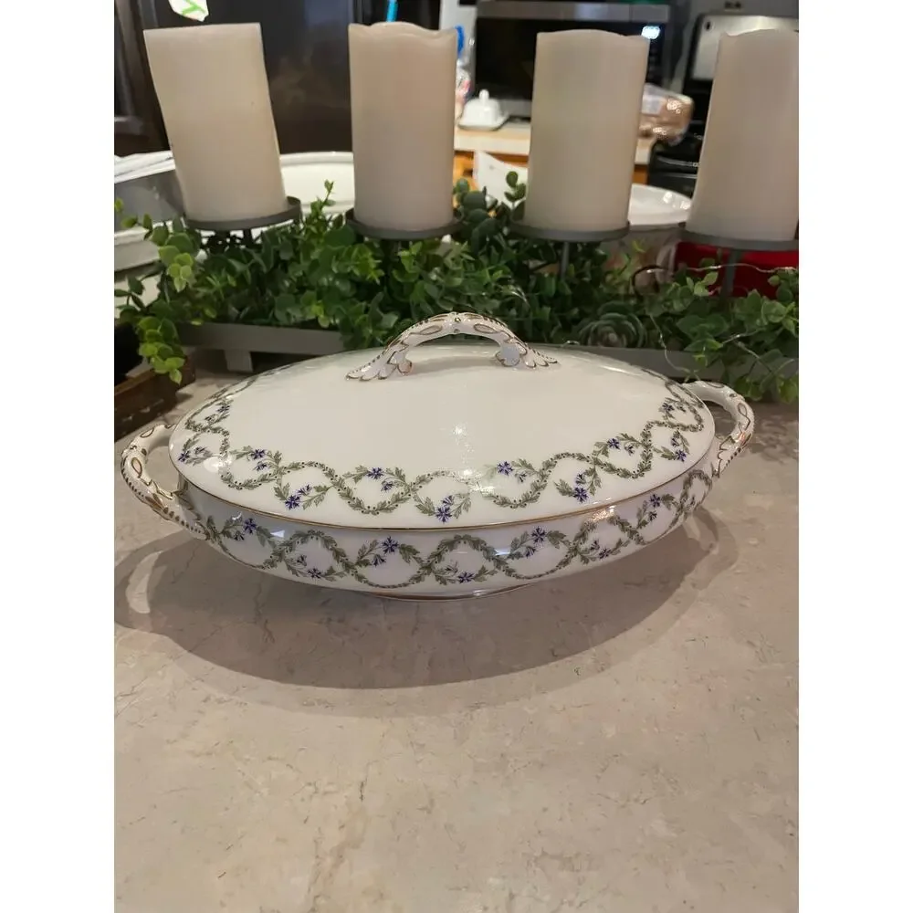 Vtg Limoge France oval vegetable dish green garland blue floral swag gold detail